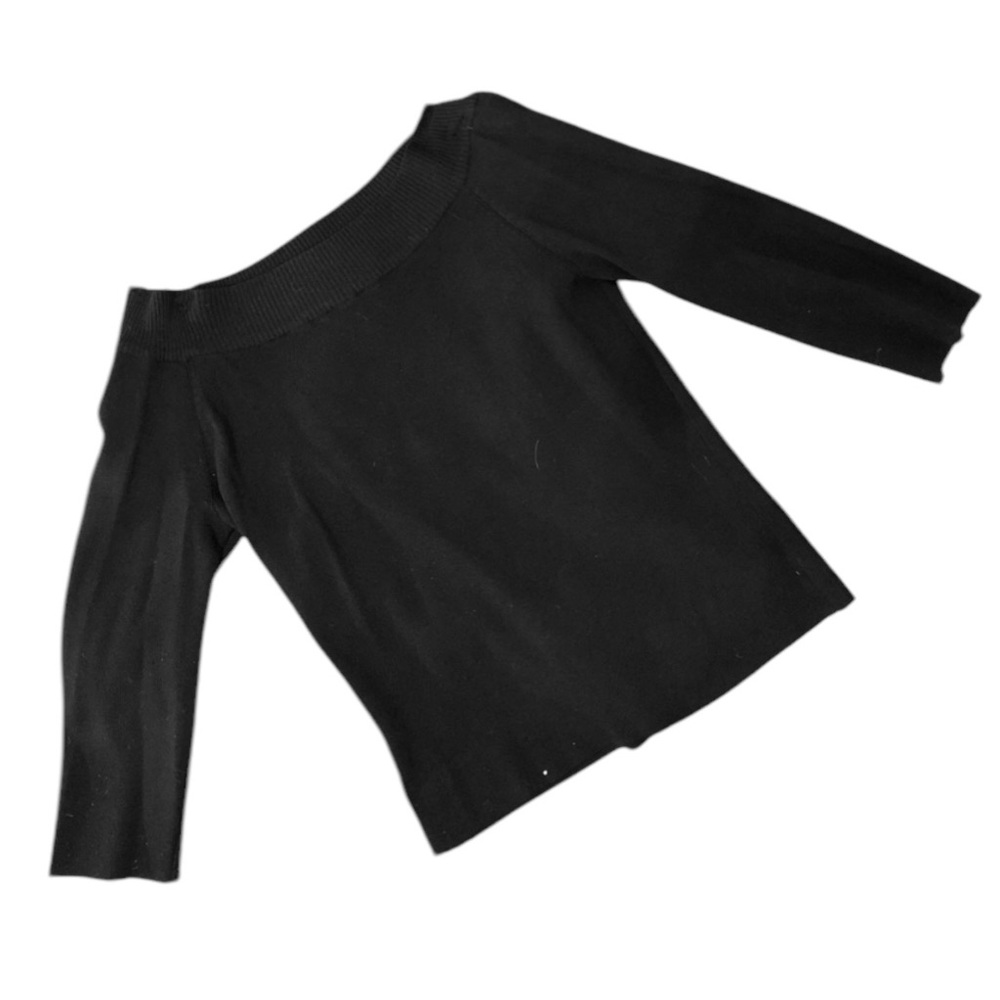 Vintage 90s Stretchy Black Off The Shoulder 3/4 Three Quarter Crop Sleeve Top - Picture 8 of 16